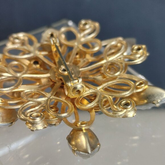 Floral Brooch Marquise Lava Glass Vintage Aurora Borealis Rhinestone Gold Tone - Picture 5 of 12